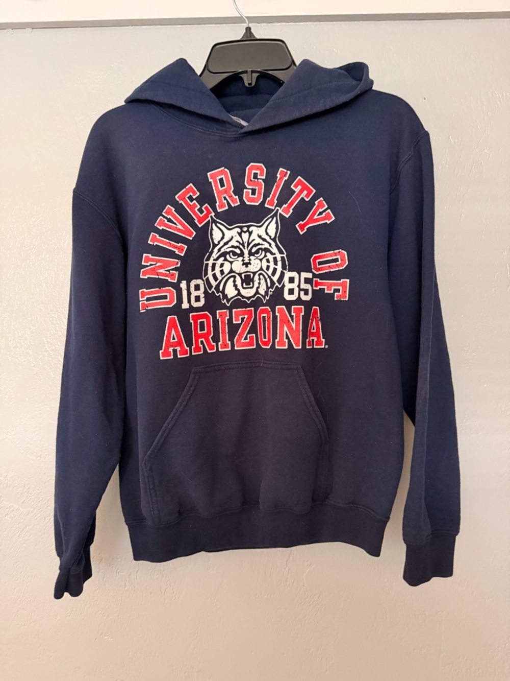 Gildan Navy Pullover Hoodie with Red and White Collegiate Graphic
